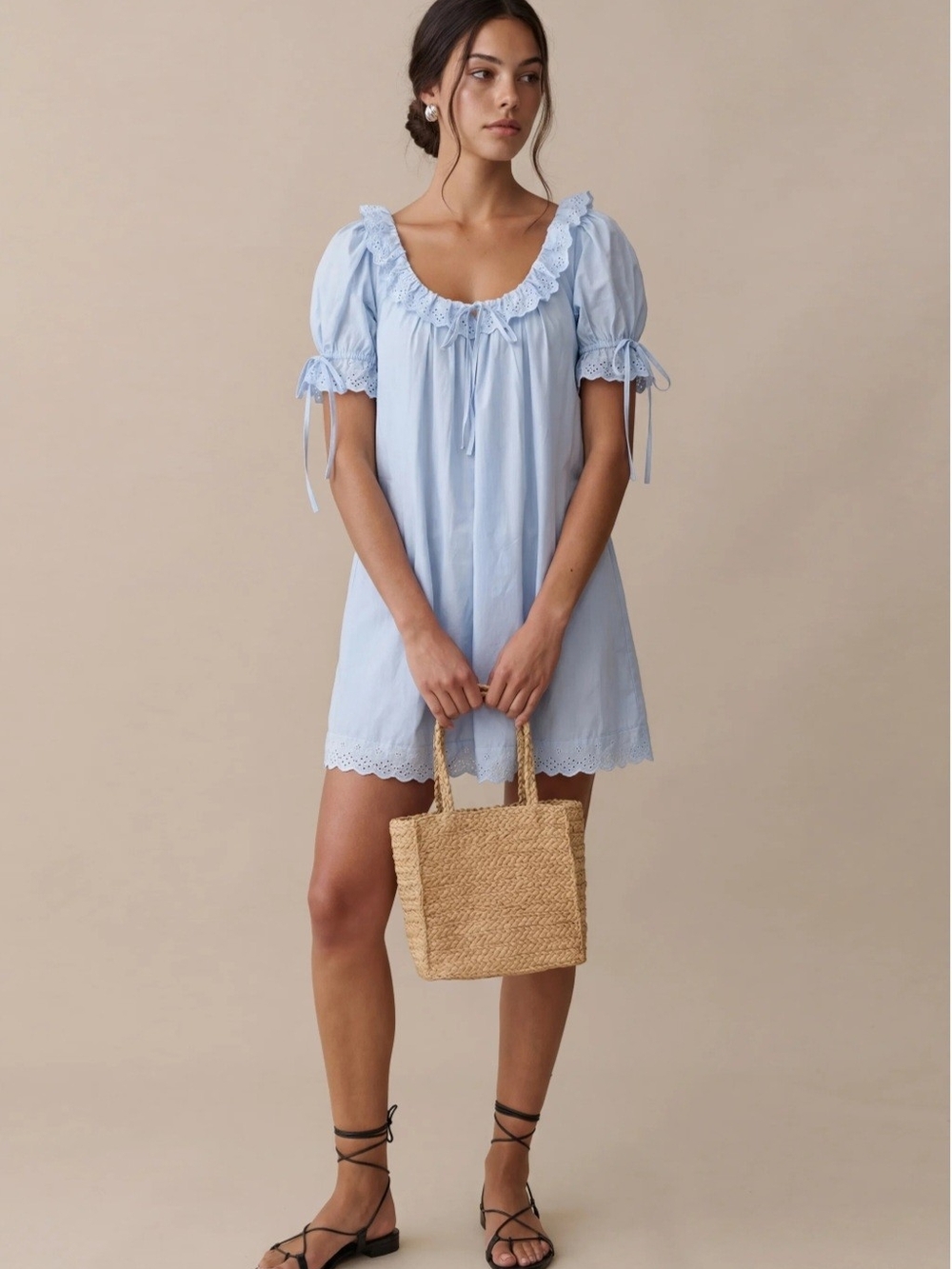 Kourt Sundress In Light Blue Lace-Trim Puff Sleeve Mini Dress